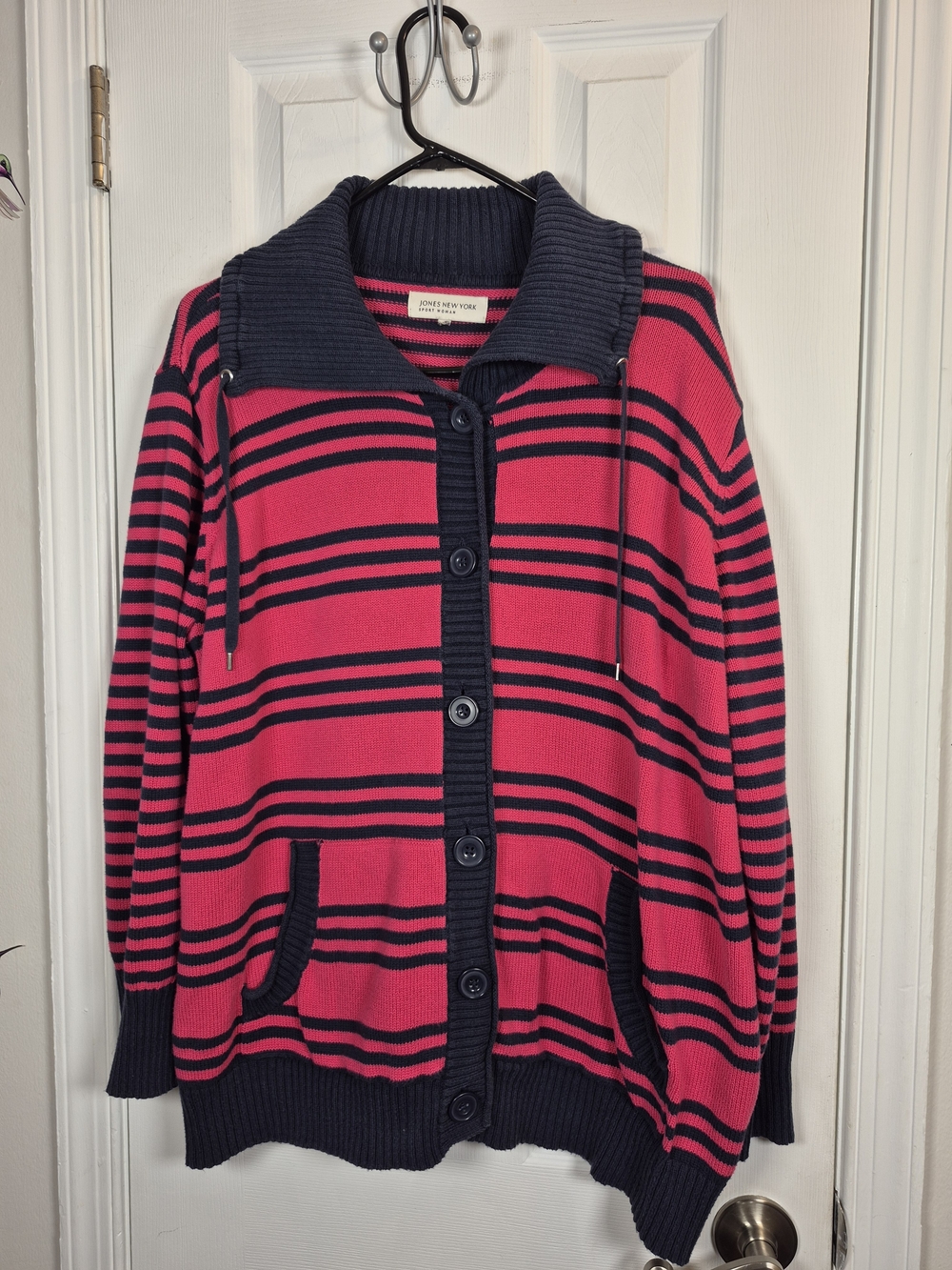 Jones New York Striped Knit Button Cardigan Pink Navy Sweater 1X Y2K Preppy